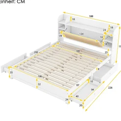 Okwish Lit Double 180x200 cm - Lit Adulte avec 4 Tiroirs et Tête Multifonctionnelle - Bois de Pin et MDF - Blanc - Sans Matelas* Lit Double