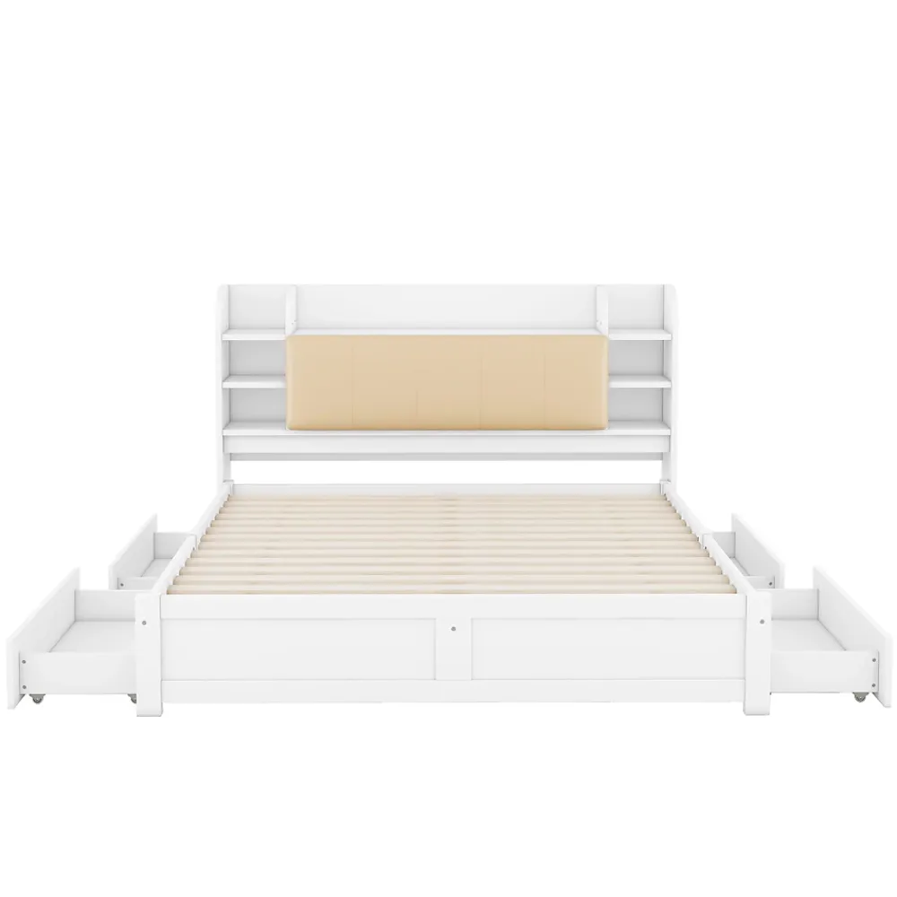 Okwish Lit Double 180x200 cm - Lit Adulte avec 4 Tiroirs et Tête Multifonctionnelle - Bois de Pin et MDF - Blanc - Sans Matelas* Lit Double