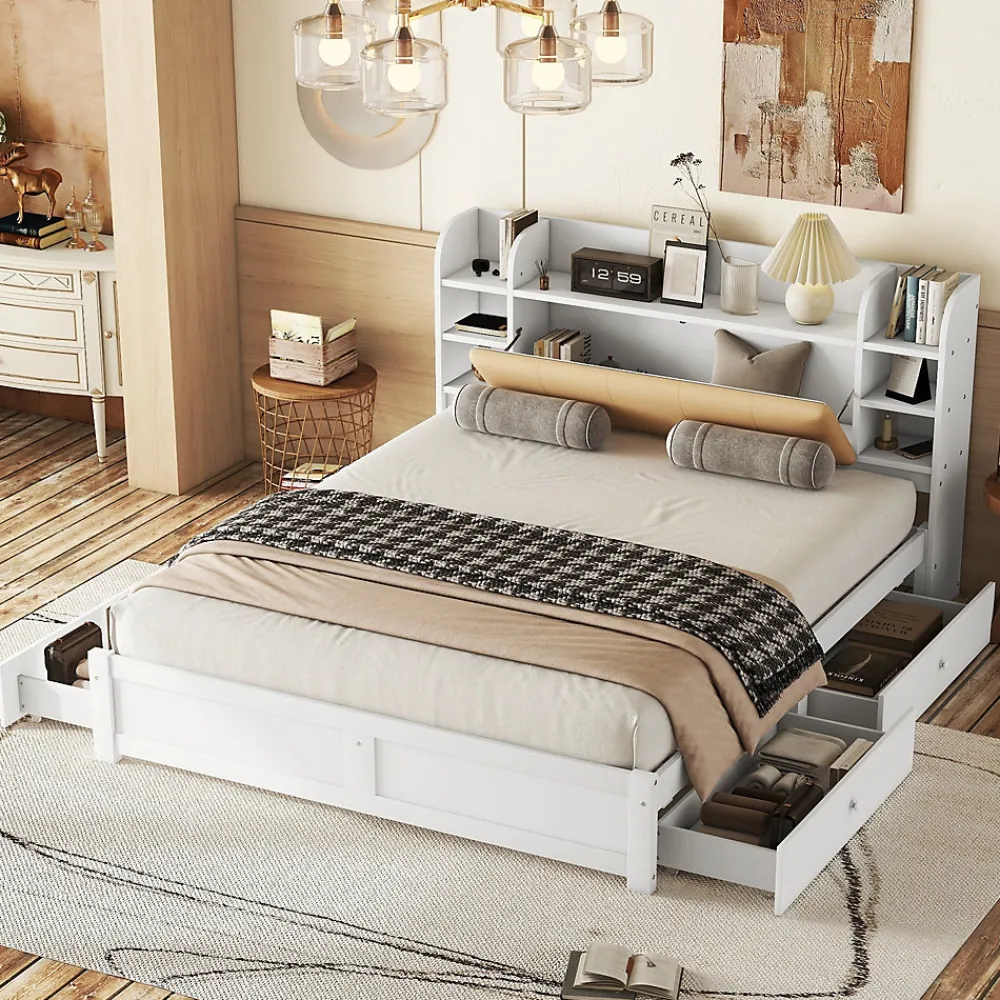 Okwish Lit Double 180x200 cm - Lit Adulte avec 4 Tiroirs et Tête Multifonctionnelle - Bois de Pin et MDF - Blanc - Sans Matelas* Lit Double