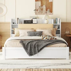 Okwish Lit Double 180x200 cm - Lit Adulte avec 4 Tiroirs et Tête Multifonctionnelle - Bois de Pin et MDF - Blanc - Sans Matelas* Lit Double