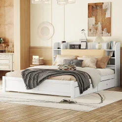 Okwish Lit Double 180x200 cm - Lit Adulte avec 4 Tiroirs et Tête Multifonctionnelle - Bois de Pin et MDF - Blanc - Sans Matelas* Lit Double