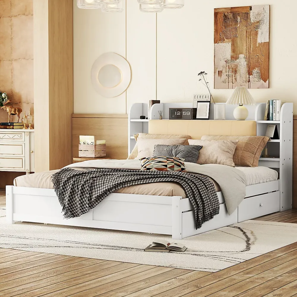 Okwish Lit Double 180x200 cm - Lit Adulte avec 4 Tiroirs et Tête Multifonctionnelle - Bois de Pin et MDF - Blanc - Sans Matelas* Lit Double