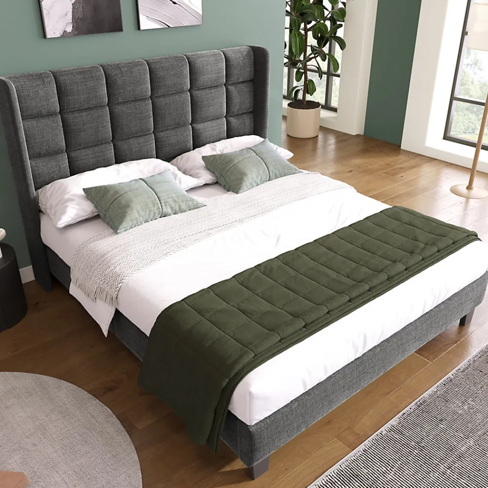 Lit double 140x200 cm - Lit adulte capitonné avec sommier à lattes - Lin - Sans Matelas - Gris>Okwish Best