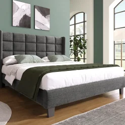 Lit double 140x200 cm - Lit adulte capitonné avec sommier à lattes - Lin - Sans Matelas - Gris>Okwish Best
