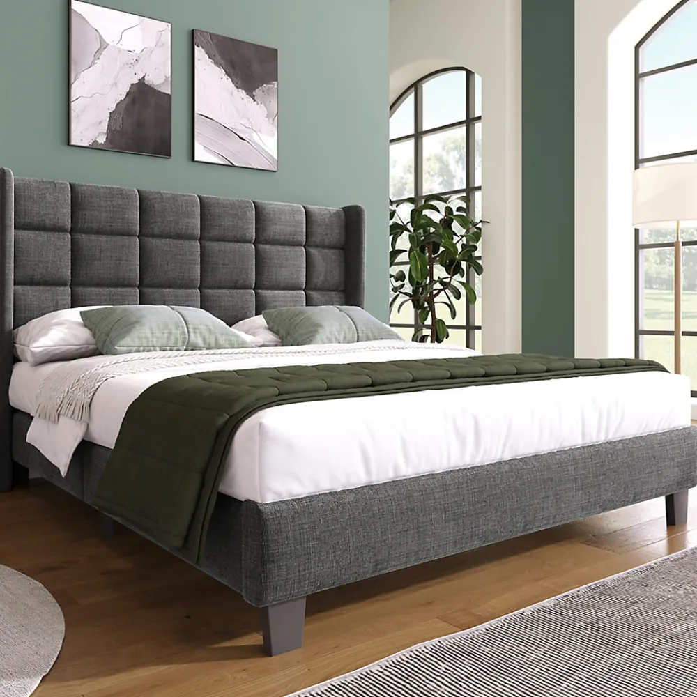Lit double 140x200 cm - Lit adulte capitonné avec sommier à lattes - Lin - Sans Matelas - Gris>Okwish Best