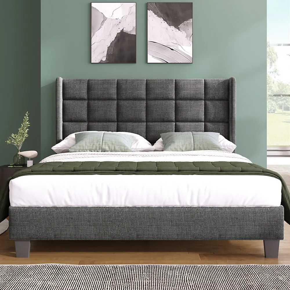 Lit double 140x200 cm - Lit adulte capitonné avec sommier à lattes - Lin - Sans Matelas - Gris>Okwish Best