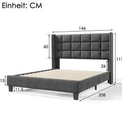 Lit double 140x200 cm - Lit adulte capitonné avec sommier à lattes - Lin - Sans Matelas - Gris><noscript><img width=