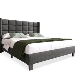 Lit double 140x200 cm - Lit adulte capitonné avec sommier à lattes - Lin - Sans Matelas - Gris><noscript><img width=