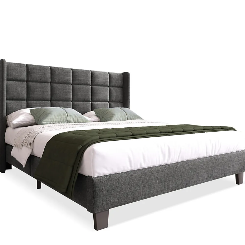 Lit double 140x200 cm - Lit adulte capitonné avec sommier à lattes - Lin - Sans Matelas - Gris>Okwish Best