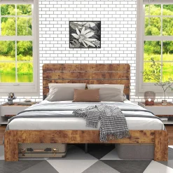Okwish Lit Double 160x200 cm - Lit Adulte en Bois avec Cadre Métal Robuste - Style Industriel - Sans Matelas - Marron* Lit Double