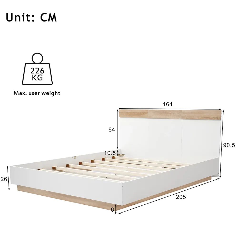 Okwish Lit double 160x200 cm - Lit adulte flottant en bois massif avec sommier à lattes - Bois massif - Sans Matelas - Naturel* Lit Double