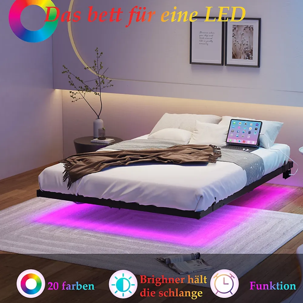 Okwish Lit Double 140x200 cm - Lit Adulte Metal avec Éclairage LED et Ports USB, Contrôle Télécommande App, Noir, sans Matelas* Lit Double