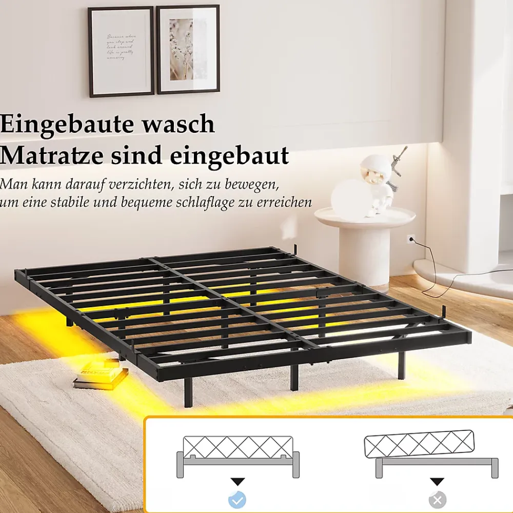 Okwish Lit Double 140x200 cm - Lit Adulte Metal avec Éclairage LED et Ports USB, Contrôle Télécommande App, Noir, sans Matelas* Lit Double