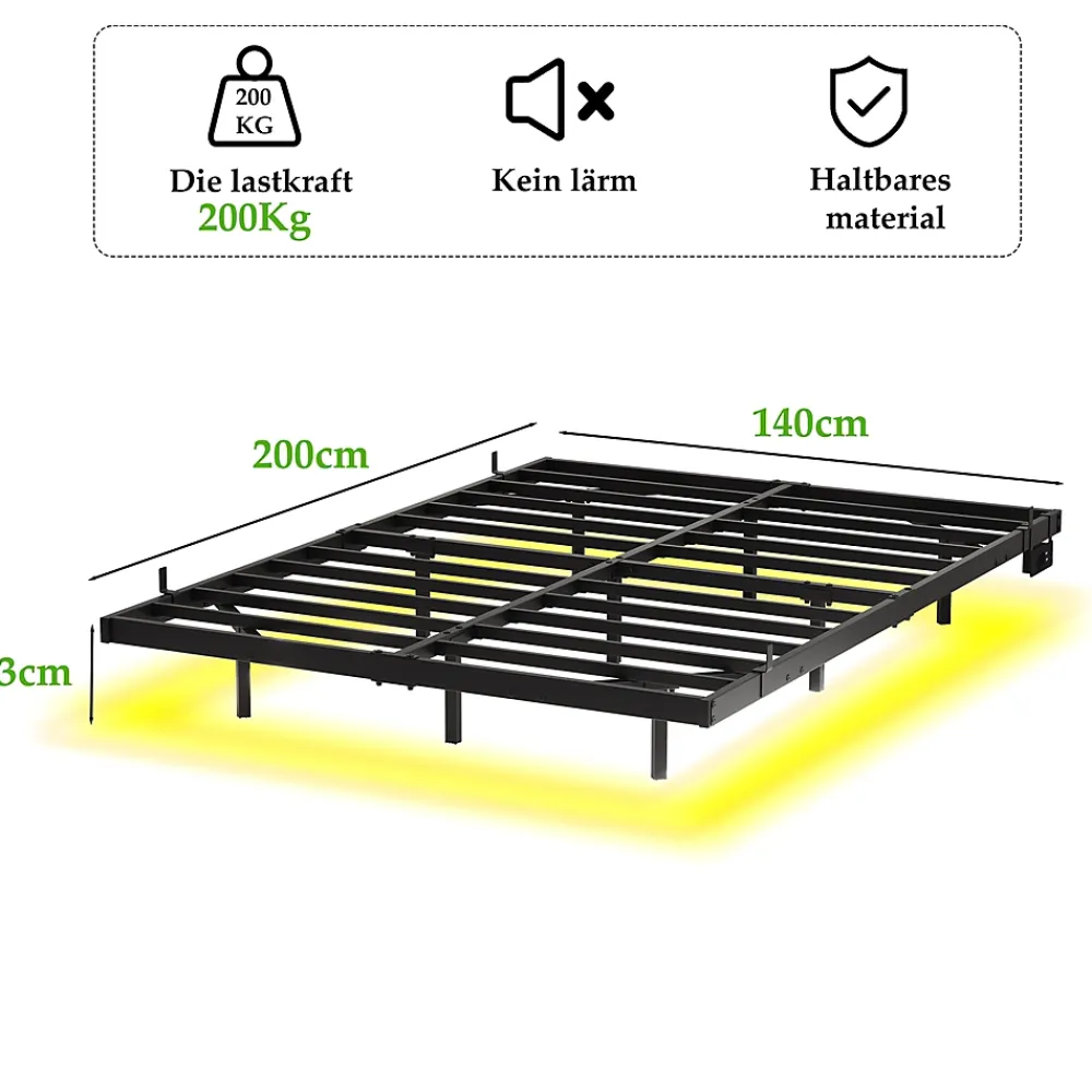 Okwish Lit Double 140x200 cm - Lit Adulte Metal avec Éclairage LED et Ports USB, Contrôle Télécommande App, Noir, sans Matelas* Lit Double