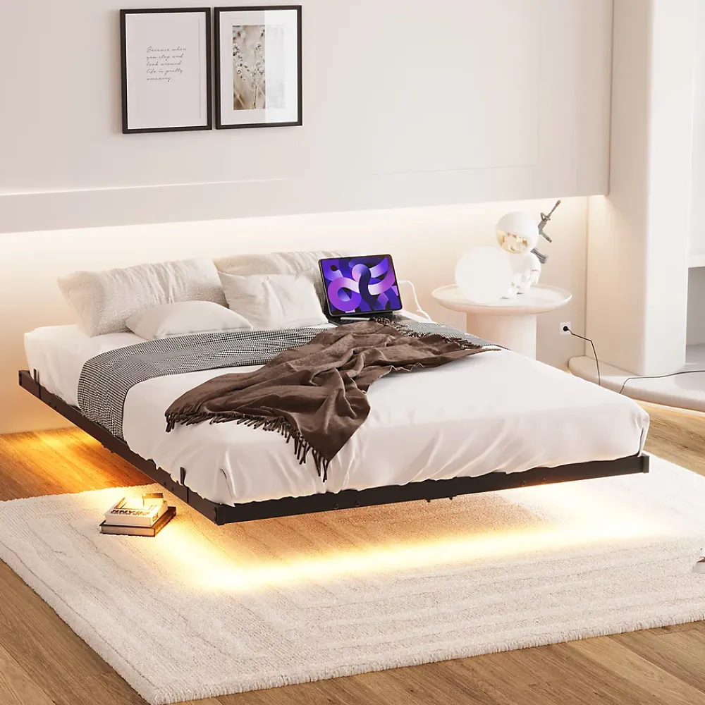 Okwish Lit Double 140x200 cm - Lit Adulte Metal avec Éclairage LED et Ports USB, Contrôle Télécommande App, Noir, sans Matelas* Lit Double