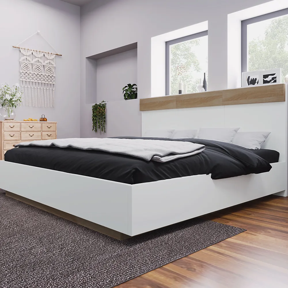 Okwish Lit double 140x200 cm - Lit adulte flottant en bois massif avec sommier à lattes - Bois massif - Sans Matelas - Naturel* Lit Double