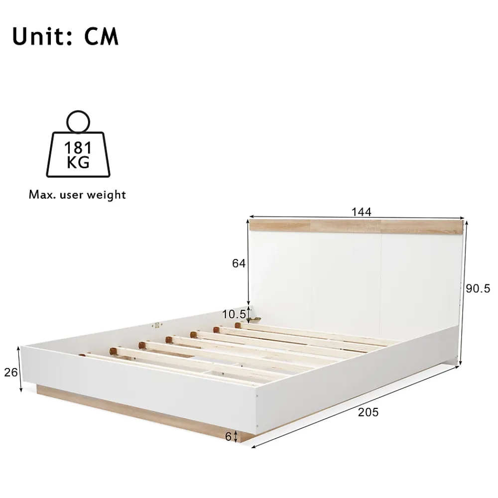 Okwish Lit double 140x200 cm - Lit adulte flottant en bois massif avec sommier à lattes - Bois massif - Sans Matelas - Naturel* Lit Double
