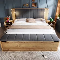 Lit Double 180x200 cm - Lit Adulte avec Tête de Lit Rabattable et Rangement - 2 Tables de Chevet et Banc - Sans Matelas - Naturel>Okwish Sale