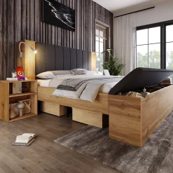 Lit Double 180x200 cm - Lit Adulte avec Tête de Lit Rabattable et Rangement - 2 Tables de Chevet et Banc - Sans Matelas - Naturel><noscript><img width=