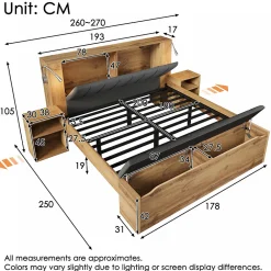 Lit Double 180x200 cm - Lit Adulte avec Tête de Lit Rabattable et Rangement - 2 Tables de Chevet et Banc - Sans Matelas - Naturel><noscript><img width=