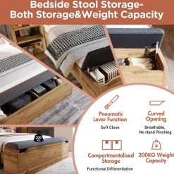 Lit Double 180x200 cm - Lit Adulte avec Tête de Lit Rabattable et Rangement - 2 Tables de Chevet et Banc - Sans Matelas - Naturel><noscript><img width=