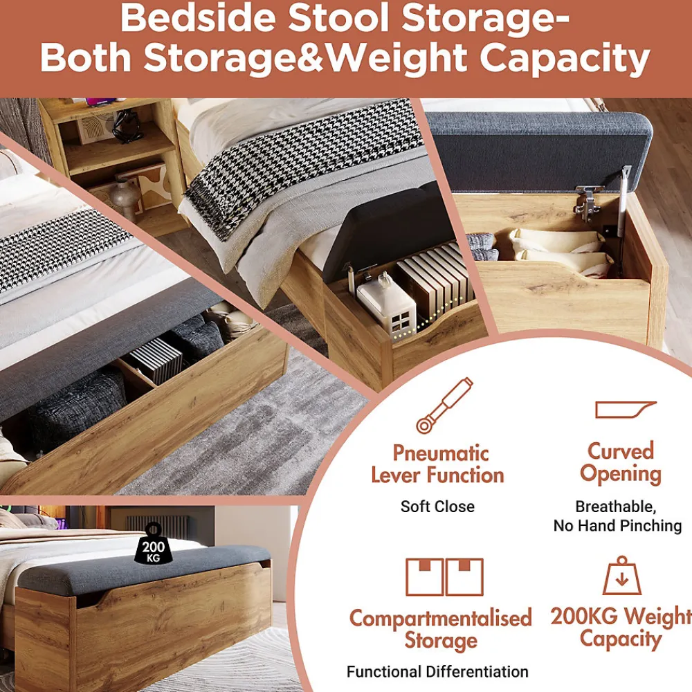Lit Double 180x200 cm - Lit Adulte avec Tête de Lit Rabattable et Rangement - 2 Tables de Chevet et Banc - Sans Matelas - Naturel>Okwish Sale