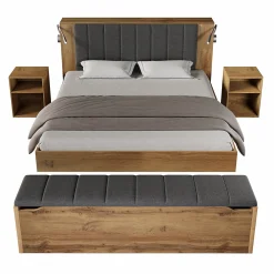 Lit Double 180x200 cm - Lit Adulte avec Tête de Lit Rabattable et Rangement - 2 Tables de Chevet et Banc - Sans Matelas - Naturel><noscript><img width=