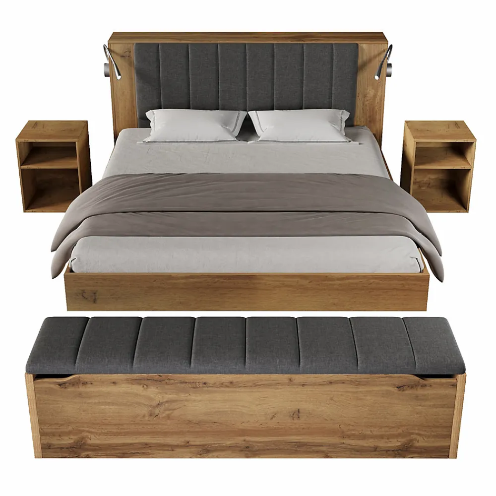 Lit Double 180x200 cm - Lit Adulte avec Tête de Lit Rabattable et Rangement - 2 Tables de Chevet et Banc - Sans Matelas - Naturel>Okwish Sale