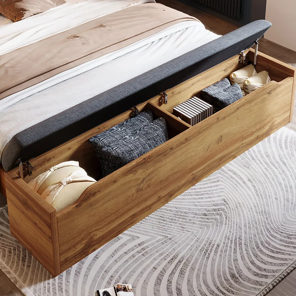 Lit Double 180x200 cm - Lit Adulte avec Tête de Lit Rabattable et Rangement - 2 Tables de Chevet et Banc - Sans Matelas - Naturel>Okwish Sale