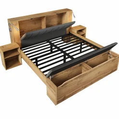 Lit Double 180x200 cm - Lit Adulte avec Tête de Lit Rabattable et Rangement - 2 Tables de Chevet et Banc - Sans Matelas - Naturel><noscript><img width=