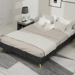 Lit Double 140x200 cm - Lit Adulte/Ado Moderne Style Minimaliste Sans Tête de Lit ni Matelas, Cadre Métal, Velours, Gris>Okwish Outlet