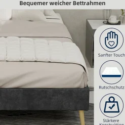 Lit Double 140x200 cm - Lit Adulte/Ado Moderne Style Minimaliste Sans Tête de Lit ni Matelas, Cadre Métal, Velours, Gris><noscript><img width=