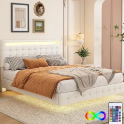 Okwish Lit double 140x200 cm - Lit adulte avec éclairage LED et tête de lit réglable - PU + MDF - Sans matelas - Blanc* Lit Double