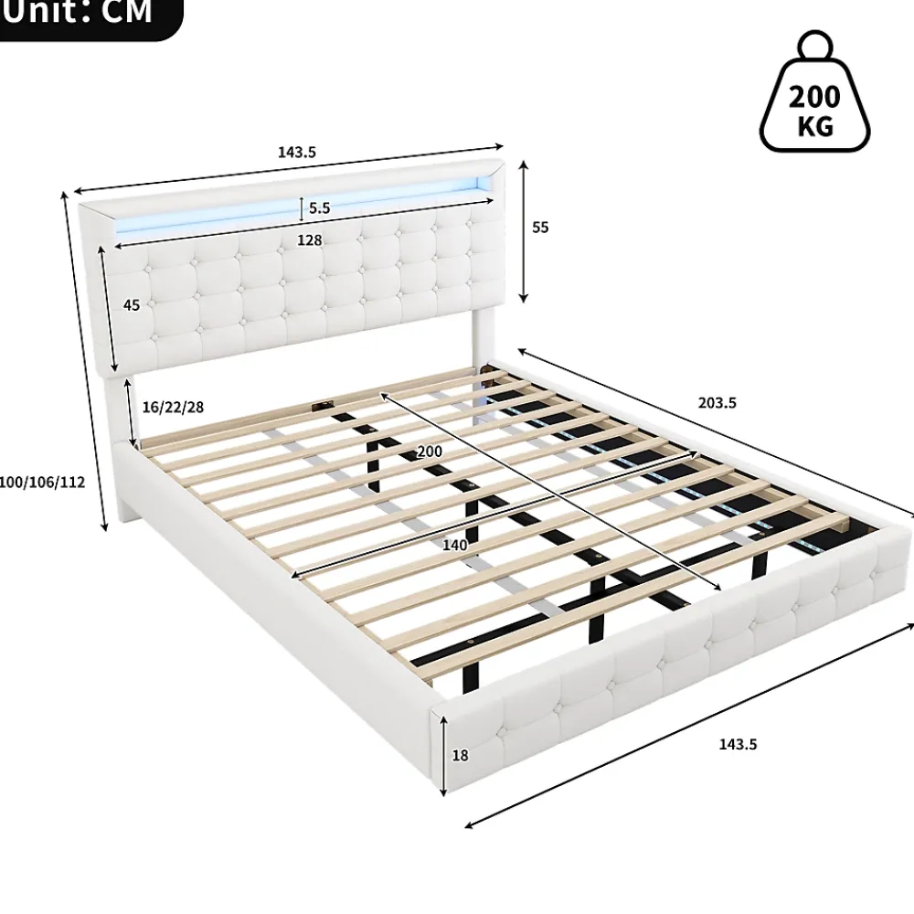 Okwish Lit double 140x200 cm - Lit adulte avec éclairage LED et tête de lit réglable - PU + MDF - Sans matelas - Blanc* Lit Double