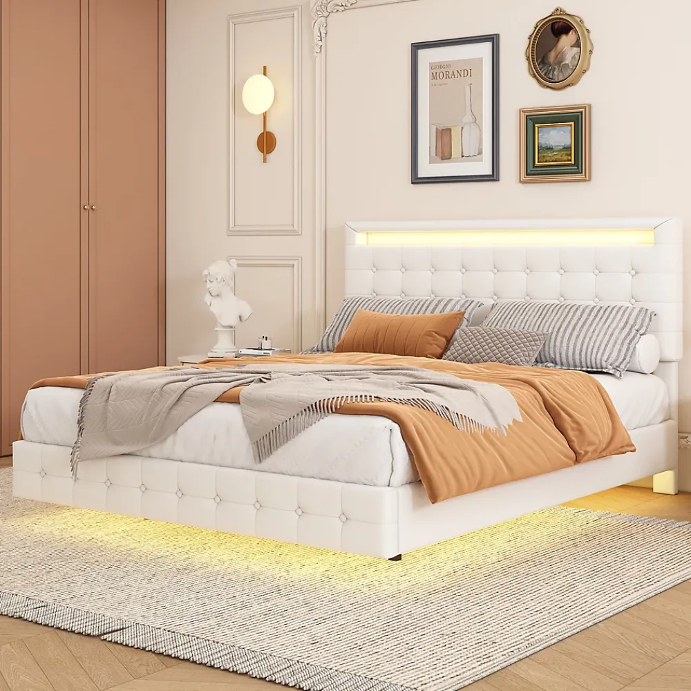 Okwish Lit double 140x200 cm - Lit adulte avec éclairage LED et tête de lit réglable - PU + MDF - Sans matelas - Blanc* Lit Double