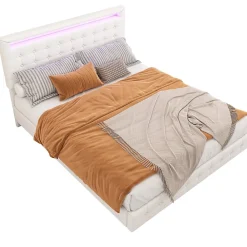 Okwish Lit double 140x200 cm - Lit adulte avec éclairage LED et tête de lit réglable - PU + MDF - Sans matelas - Blanc* Lit Double