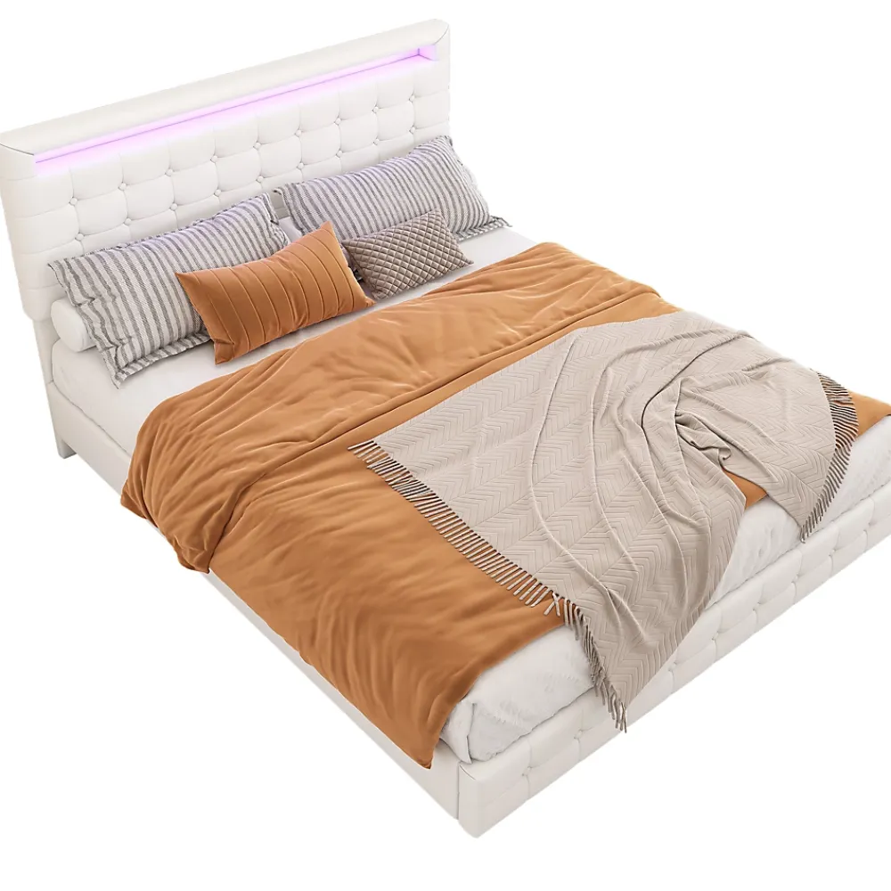 Okwish Lit double 140x200 cm - Lit adulte avec éclairage LED et tête de lit réglable - PU + MDF - Sans matelas - Blanc* Lit Double