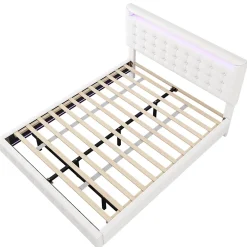 Okwish Lit double 140x200 cm - Lit adulte avec éclairage LED et tête de lit réglable - PU + MDF - Sans matelas - Blanc* Lit Double
