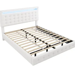 Okwish Lit double 140x200 cm - Lit adulte avec éclairage LED et tête de lit réglable - PU + MDF - Sans matelas - Blanc* Lit Double
