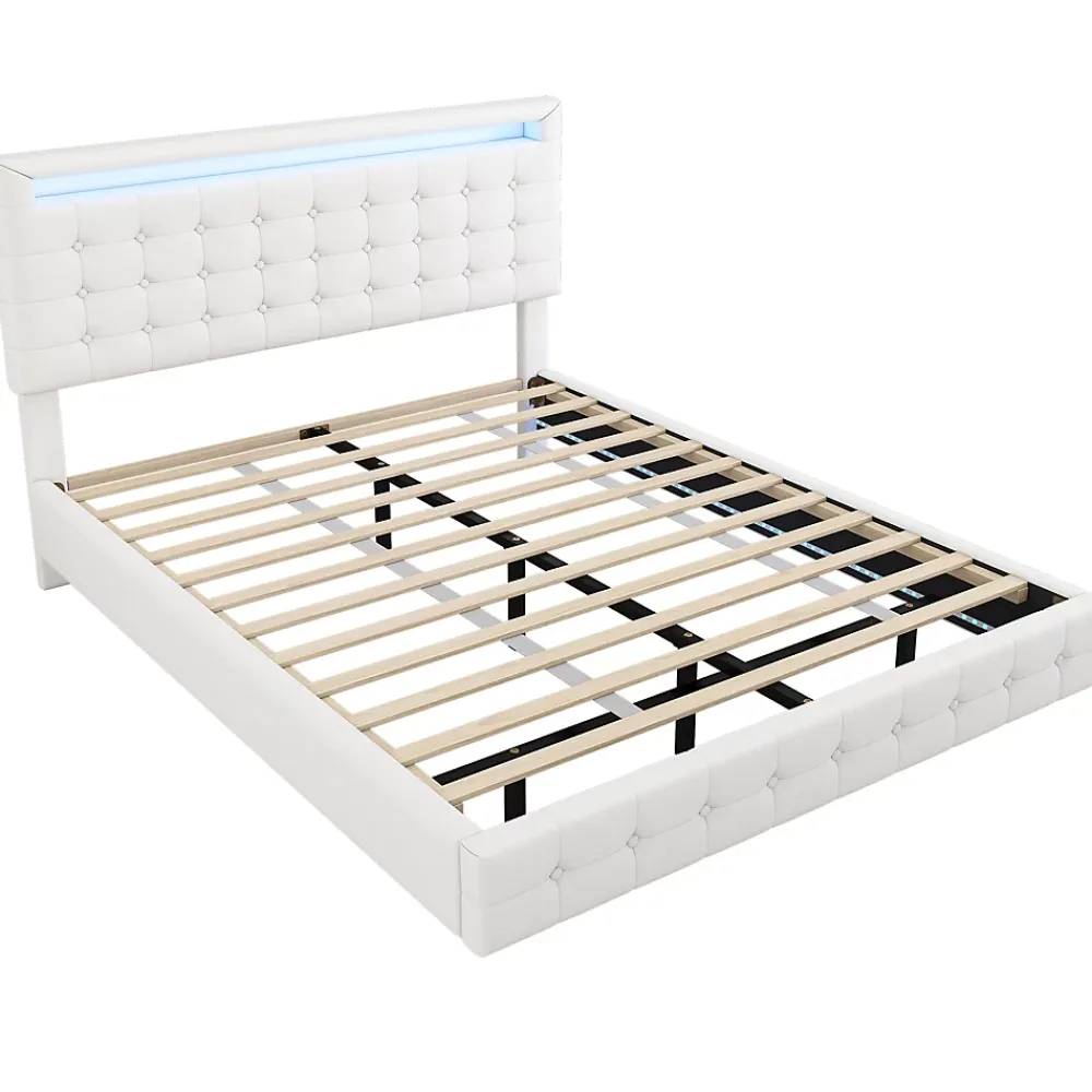Okwish Lit double 140x200 cm - Lit adulte avec éclairage LED et tête de lit réglable - PU + MDF - Sans matelas - Blanc* Lit Double