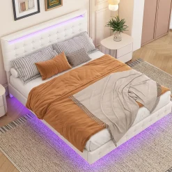 Okwish Lit double 140x200 cm - Lit adulte avec éclairage LED et tête de lit réglable - PU + MDF - Sans matelas - Blanc* Lit Double