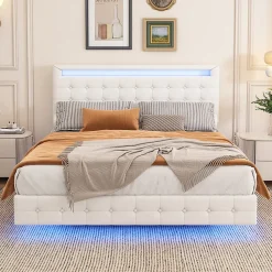 Okwish Lit double 140x200 cm - Lit adulte avec éclairage LED et tête de lit réglable - PU + MDF - Sans matelas - Blanc* Lit Double