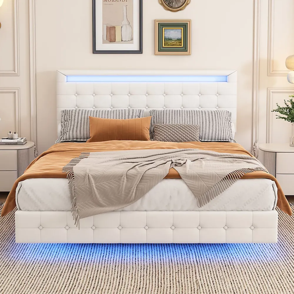 Okwish Lit double 140x200 cm - Lit adulte avec éclairage LED et tête de lit réglable - PU + MDF - Sans matelas - Blanc* Lit Double