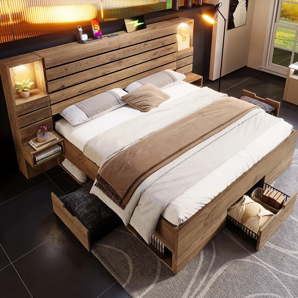 Okwish Lit Double 160x200 cm - Lit Adulte avec Rangement et Éclairage LED - Port USB et Niche Lumineuse - Sans Matelas - Bois - Chêne* Lit Double