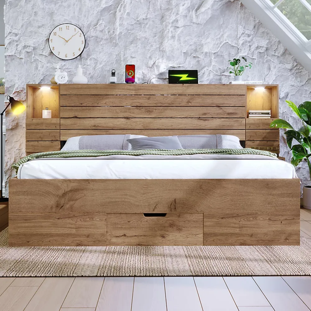 Okwish Lit Double 160x200 cm - Lit Adulte avec Rangement et Éclairage LED - Port USB et Niche Lumineuse - Sans Matelas - Bois - Chêne* Lit Double