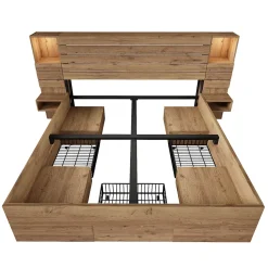 Okwish Lit Double 160x200 cm - Lit Adulte avec Rangement et Éclairage LED - Port USB et Niche Lumineuse - Sans Matelas - Bois - Chêne* Lit Double