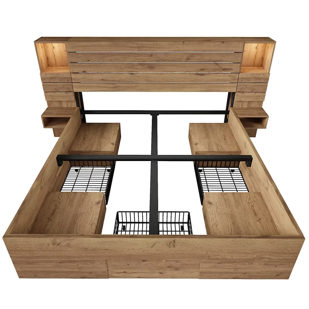 Okwish Lit Double 160x200 cm - Lit Adulte avec Rangement et Éclairage LED - Port USB et Niche Lumineuse - Sans Matelas - Bois - Chêne* Lit Double