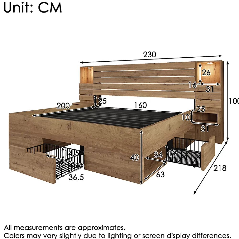 Okwish Lit Double 160x200 cm - Lit Adulte avec Rangement et Éclairage LED - Port USB et Niche Lumineuse - Sans Matelas - Bois - Chêne* Lit Double