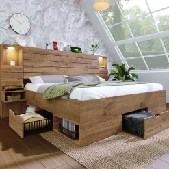 Okwish Lit Double 160x200 cm - Lit Adulte avec Rangement et Éclairage LED - Port USB et Niche Lumineuse - Sans Matelas - Bois - Chêne* Lit Double