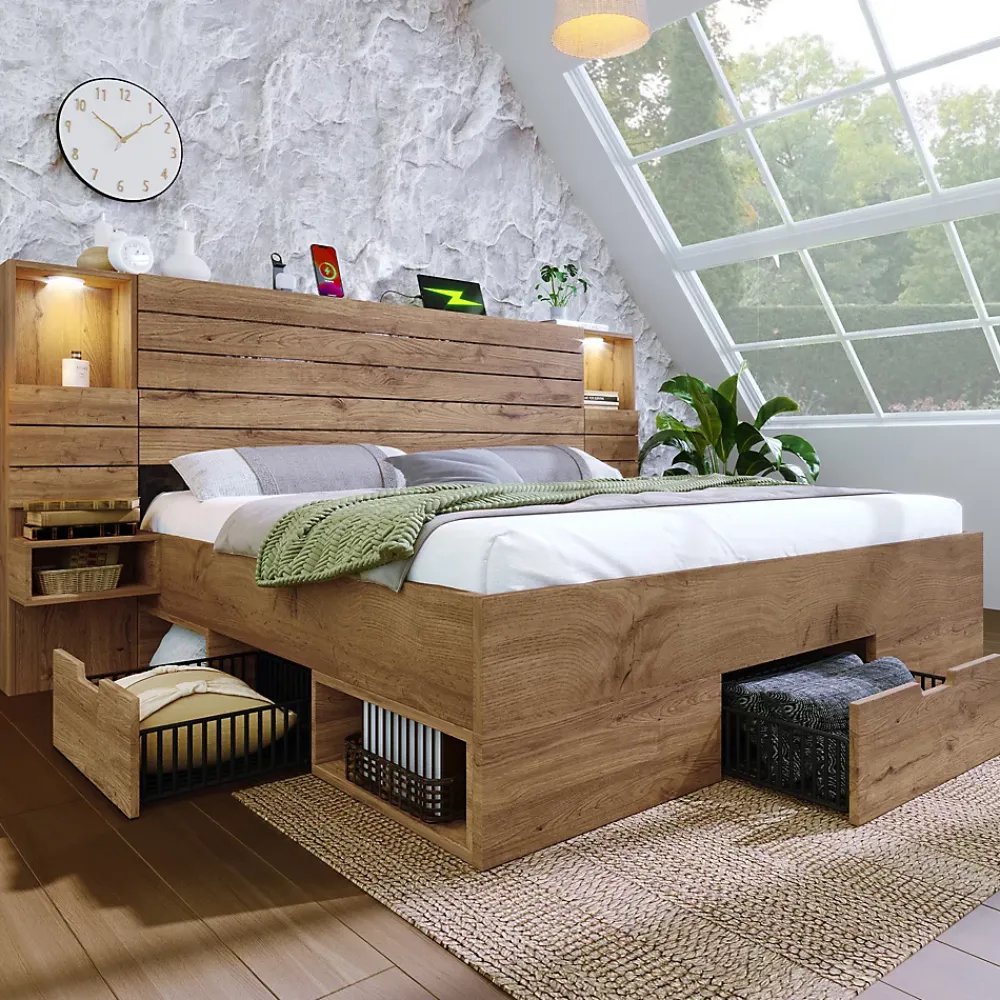 Okwish Lit Double 160x200 cm - Lit Adulte avec Rangement et Éclairage LED - Port USB et Niche Lumineuse - Sans Matelas - Bois - Chêne* Lit Double